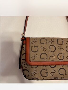 GUESS Brown Logo Crossbody with Tan Trim and Gold Logo